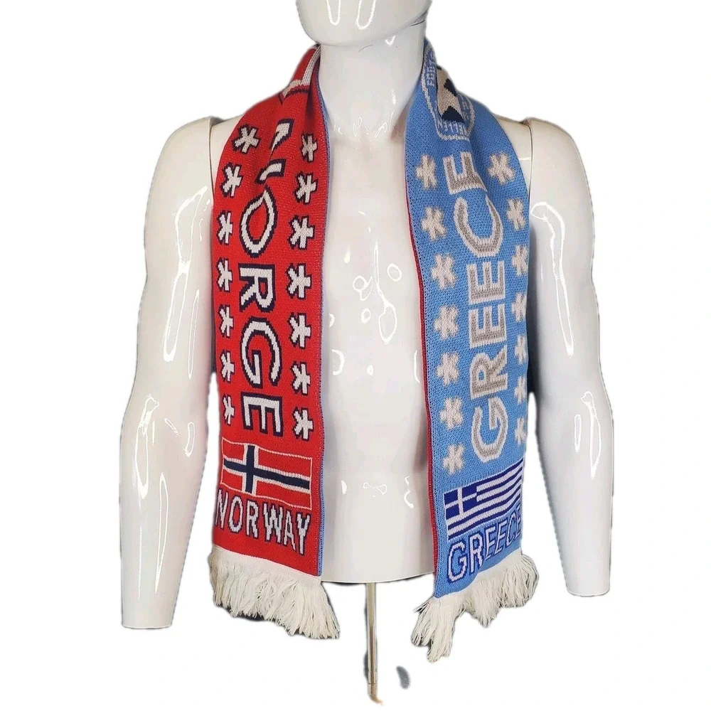 Greece VS‎ Norway 2006-2007 Football Soccer Knit Half Red 1/2 Blue Fringe Scarf